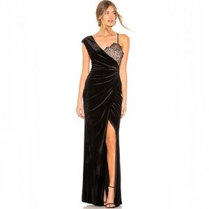 BCBG Black Velvet Ruched One-Shoulder Gown Size S